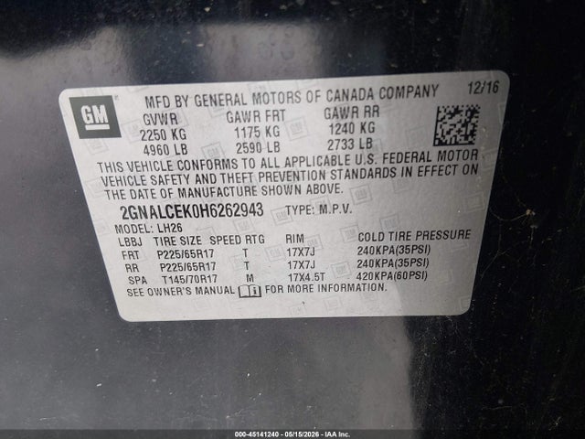Aukcja sprzedaży 2017 Chevrolet Equinox Lt, vin: 2GNALCEK0H6262943, numer aukcji: 45141240