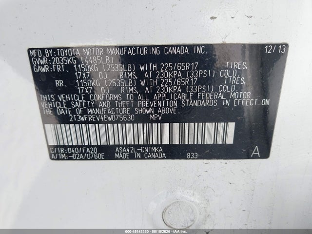 2014 Toyota Rav4 Xle მანქანა იყიდება აუქციონზე, vin: 2T3WFREV4EW075630, აუქციონის ნომერი: 45141250