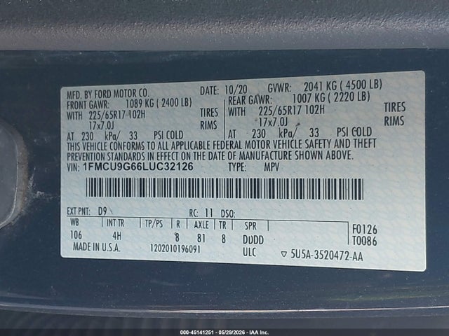 45141251 :رقم المزاد ، 1FMCU9G66LUC32126 vin ، 2020 Ford Escape Se مزاد بيع