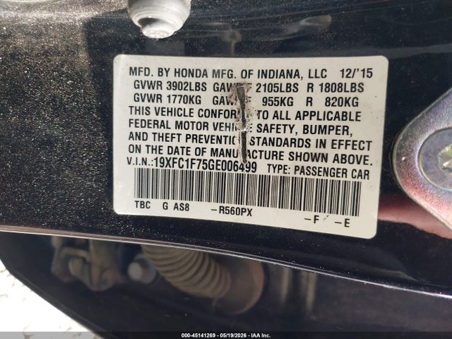 Продажа на аукционе авто 2016 Honda Civic Ex-l, vin: 19XFC1F75GE006499, номер лота: 45141269