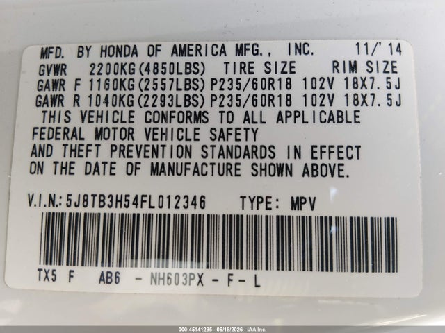 2015 Acura Rdx მანქანა იყიდება აუქციონზე, vin: 5J8TB3H54FL012346, აუქციონის ნომერი: 45141285