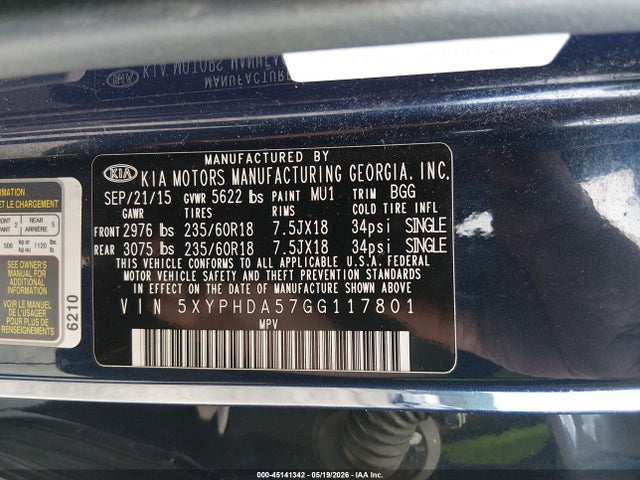 Aukcja sprzedaży 2016 Kia Sorento 3.3l Ex, vin: 5XYPHDA57GG117801, numer aukcji: 45141342