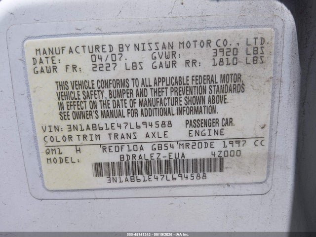 2007 Nissan Sentra 2.0s მანქანა იყიდება აუქციონზე, vin: 3N1AB61E47L694588, აუქციონის ნომერი: 45141343