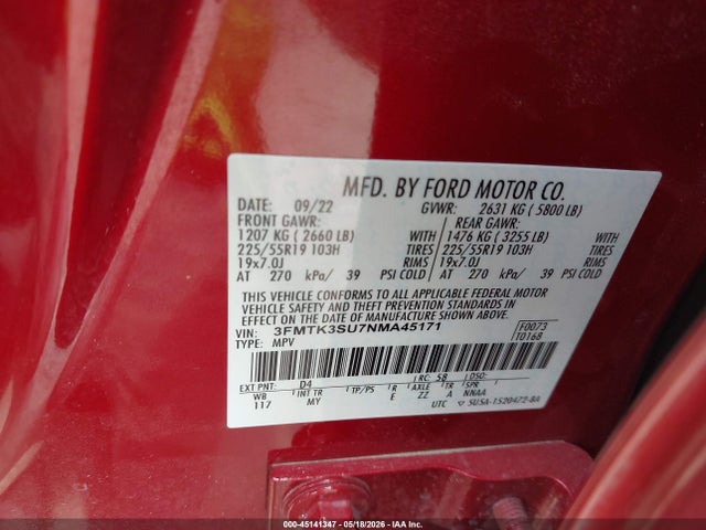 Aukcja sprzedaży 2022 Ford Mustang Mach-e Premium, vin: 3FMTK3SU7NMA45171, numer aukcji: 45141347