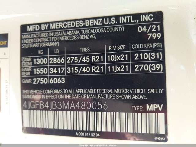 2021 Mercedes-benz Gle 350 მანქანა იყიდება აუქციონზე, vin: 4JGFB4JB3MA480056, აუქციონის ნომერი: 45141348