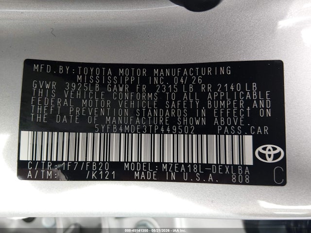 Aukcja sprzedaży 2026 Toyota Corolla Le, vin: 5YFB4MDE3TP449502, numer aukcji: 45141350