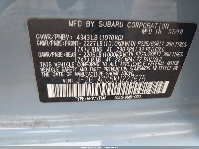 Продаж на аукціоні авто 2019 Subaru Crosstrek 2.0i Premium, vin: JF2GTACC5KH227675, номер лоту: 45141357