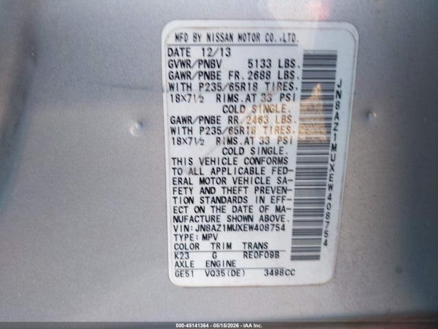45141364 :رقم المزاد ، JN8AZ1MUXEW408754 vin ، 2014 Nissan Murano Le/s/sl/sv مزاد بيع