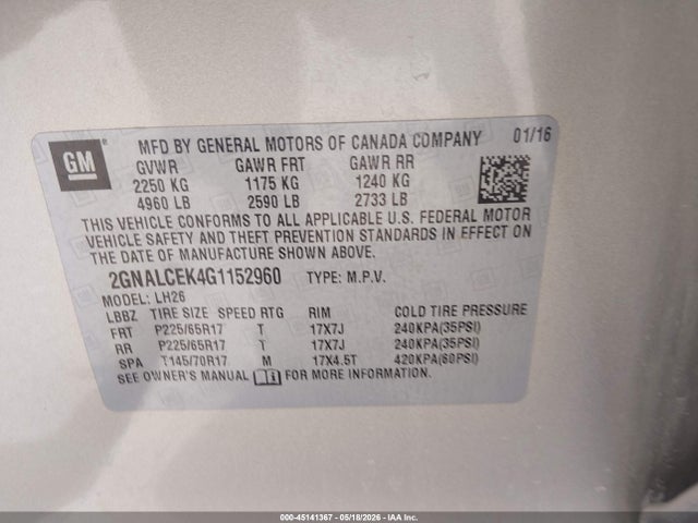 Chevrolet EQUINOX LT 2016 2GNALCEK4G1152960 Image 9