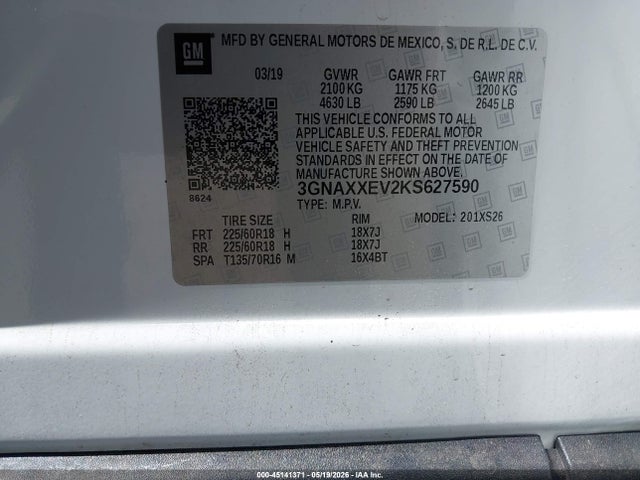 Продаж на аукціоні авто 2019 Chevrolet Equinox Premier, vin: 3GNAXXEV2KS627590, номер лоту: 45141371