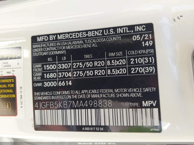 Aukcja sprzedaży 2021 Mercedes-benz Gle 450 4matic, vin: 4JGFB5KB7MA498838, numer aukcji: 45141392
