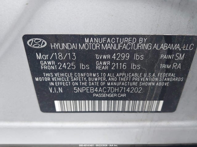 2013 Hyundai Sonata Gls მანქანა იყიდება აუქციონზე, vin: 5NPEB4AC7DH714202, აუქციონის ნომერი: 45141401