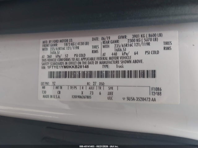 45141403 :رقم المزاد ، 1FTYE1YM0KKB28148 vin ، 2019 Ford Transit-150 مزاد بيع