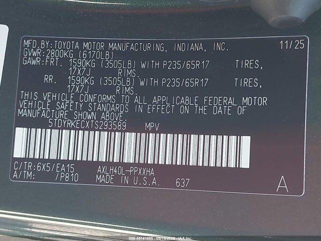 Aukcja sprzedaży 2026 Toyota Sienna Xle, vin: 5TDYRKECXTS293589, numer aukcji: 45141405