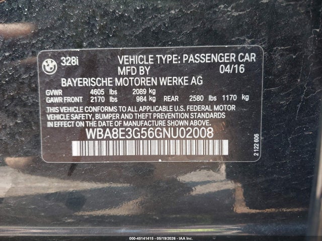 45141415 :رقم المزاد ، WBA8E3G56GNU02008 vin ، 2016 Bmw 328i Xdrive مزاد بيع