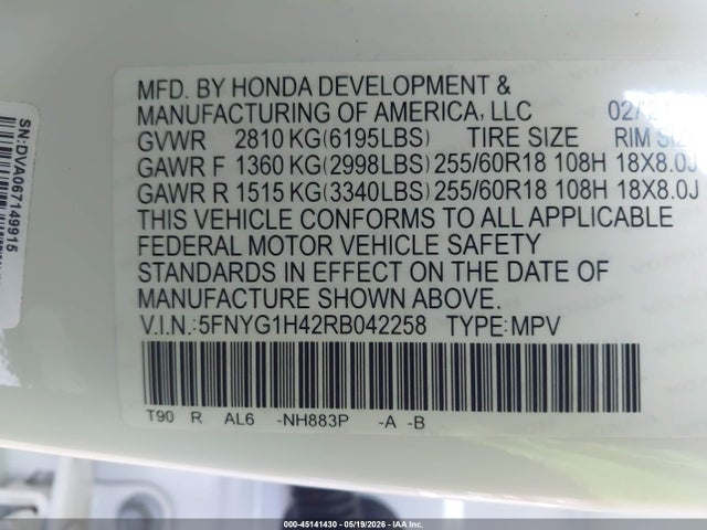 5FNYG1H42RB042258 Honda Pilot Ex-l