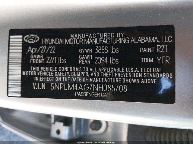 Aukcja sprzedaży 2022 Hyundai Elantra Sel, vin: 5NPLM4AG7NH085708, numer aukcji: 45141446