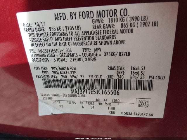 Aukcja sprzedaży 2018 Ford Ecosport Se, vin: MAJ3P1TE5JC165506, numer aukcji: 45141448