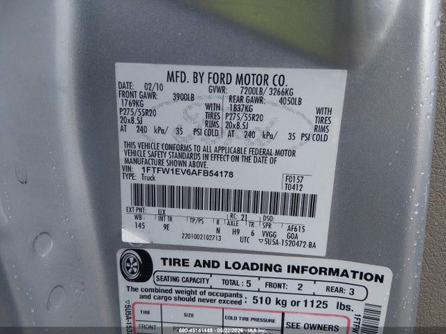 Aukcja sprzedaży 2010 Ford F-150 Fx4/harley-davidson/king Ranch/lariat/platinum/xl/xlt, vin: 1FTFW1EV6AFB54178, numer aukcji: 45141449