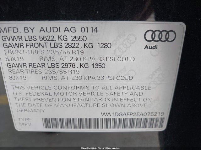 Auction sale of the 2014 Audi Q5 3.0t Premium Plus, vin: WA1DGAFP2EA075219, lot number: 45141484