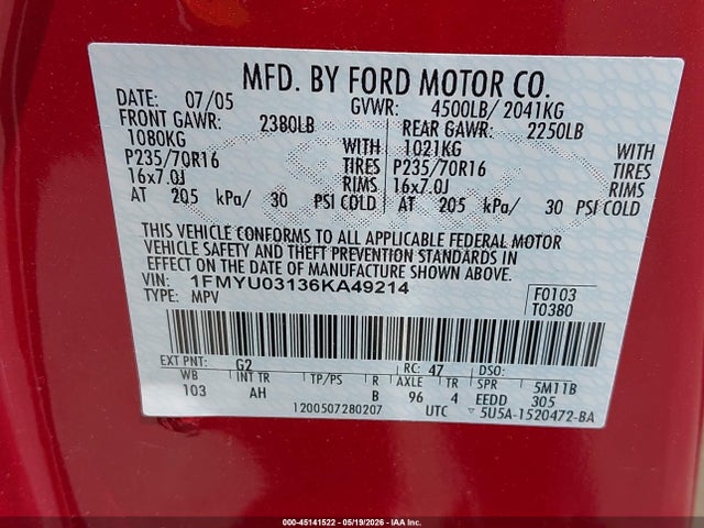 Aukcja sprzedaży 2006 Ford Escape Xlt/xlt Sport, vin: 1FMYU03136KA49214, numer aukcji: 45141522