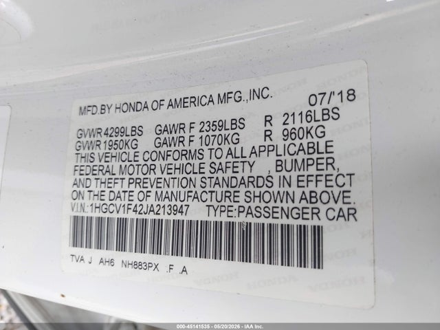 Продажа на аукционе авто 2018 Honda Accord Ex, vin: 1HGCV1F42JA213947, номер лота: 45141535