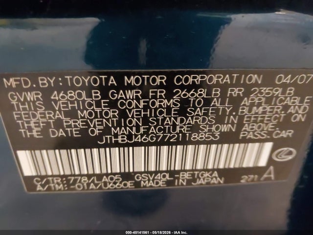 45141561 :رقم المزاد ، JTHBJ46G772118853 vin ، 2007 Lexus Es 350 مزاد بيع