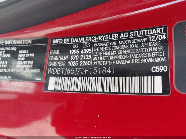 45141562 :رقم المزاد ، WDBTJ65J75F151841 vin ، 2005 Mercedes-benz Clk 320 مزاد بيع