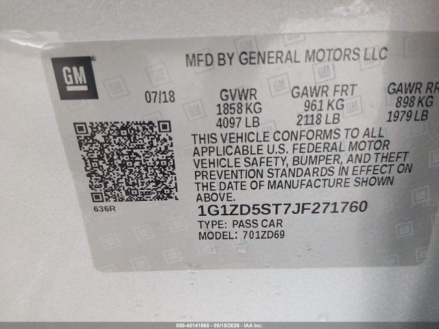 45141565 :رقم المزاد ، 1G1ZD5ST7JF271760 vin ، 2018 Chevrolet Malibu Lt مزاد بيع