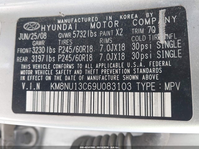 Aukcja sprzedaży 2009 Hyundai Veracruz Limited, vin: KM8NU13C69U083103, numer aukcji: 45141566