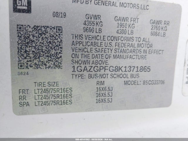 45141582 :رقم المزاد ، 1GAZGPFG8K1371865 vin ، 2019 Chevrolet Express 3500 Lt مزاد بيع