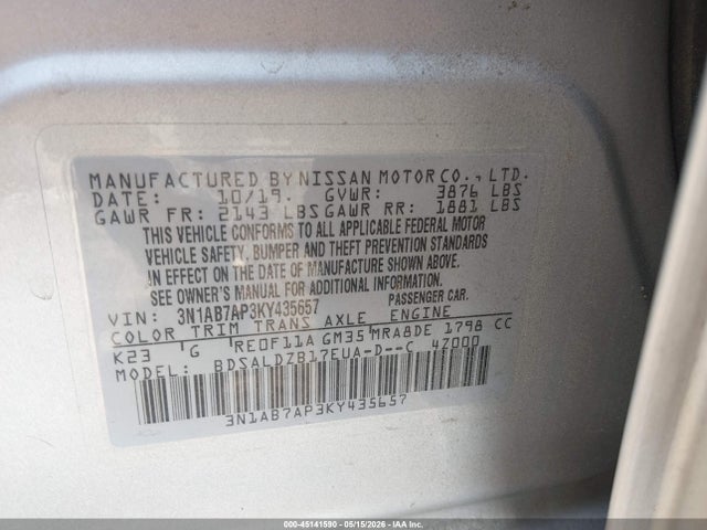 Aukcja sprzedaży 2019 Nissan Sentra Sv, vin: 3N1AB7AP3KY435657, numer aukcji: 45141590