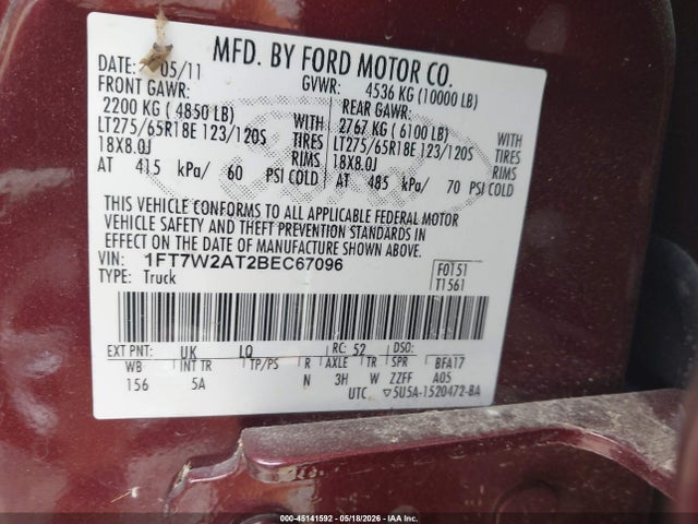 45141592 :رقم المزاد ، 1FT7W2AT2BEC67096 vin ، 2011 Ford F-250 Lariat مزاد بيع