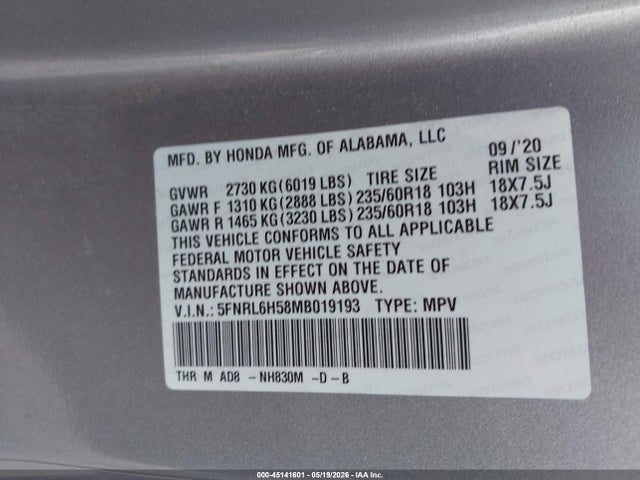 Продажа на аукционе авто 2021 Honda Odyssey Ex, vin: 5FNRL6H58MB019193, номер лота: 45141601