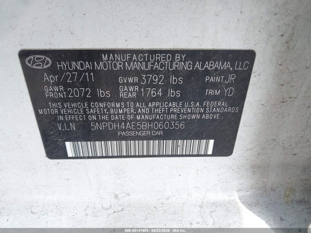 Aukcja sprzedaży 2011 Hyundai Elantra Gls, vin: 5NPDH4AE5BH060356, numer aukcji: 45141605