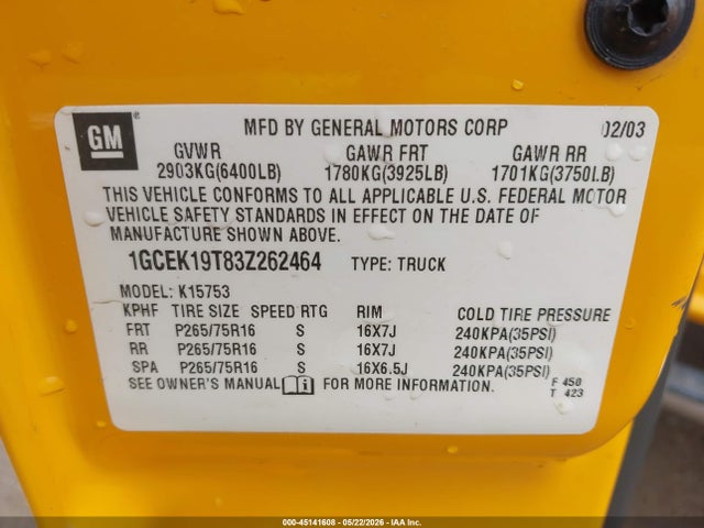Продаж на аукціоні авто 2003 Chevrolet Silverado 1500 Ls, vin: 1GCEK19T83Z262464, номер лоту: 45141608