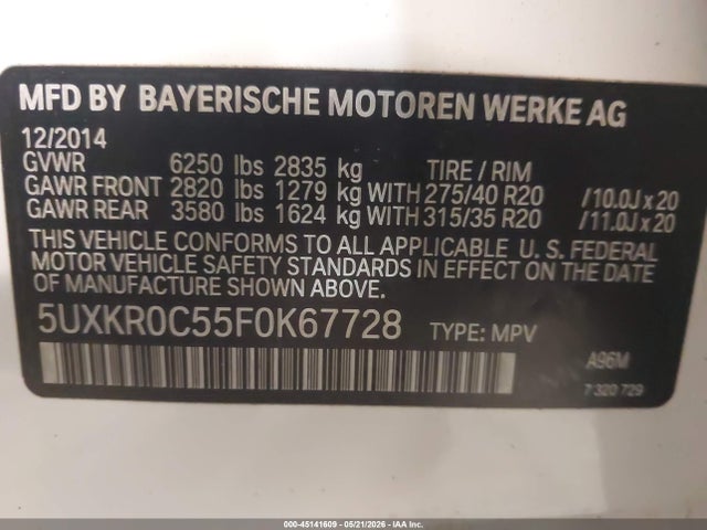 2015 Bmw X5 Xdrive35i მანქანა იყიდება აუქციონზე, vin: 5UXKR0C55F0K67728, აუქციონის ნომერი: 45141609