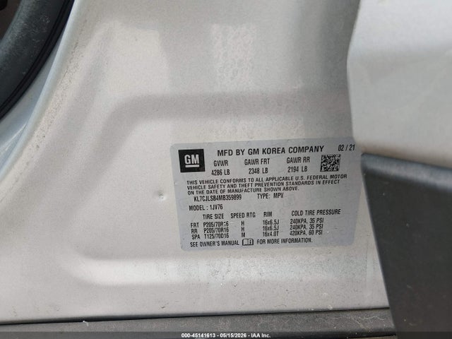 45141613 :رقم المزاد ، KL7CJLSB4MB359899 vin ، 2021 Chevrolet Trax Fwd Lt مزاد بيع