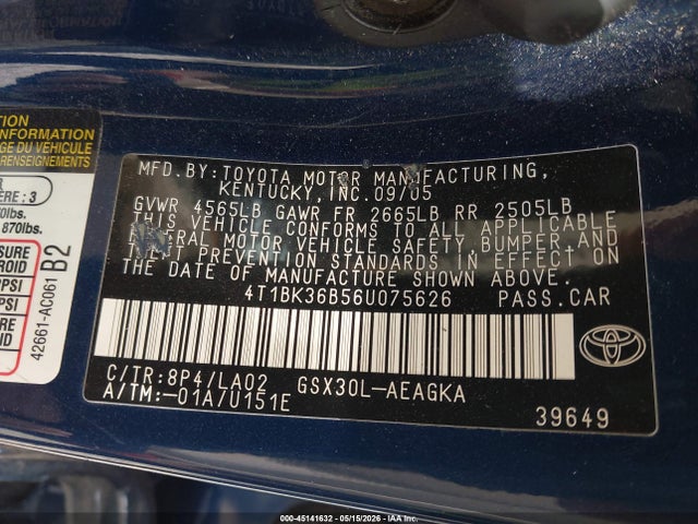 Aukcja sprzedaży 2006 Toyota Avalon Xls, vin: 4T1BK36B56U075626, numer aukcji: 45141632