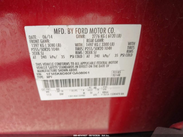 45141637 :رقم المزاد ، 1FM5K8D80FGA08061 vin ، 2015 Ford Explorer Xlt مزاد بيع