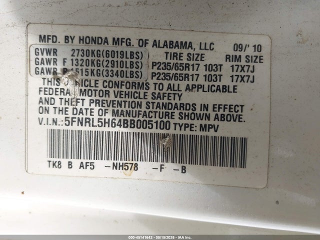 2011 Honda Odyssey Ex-l მანქანა იყიდება აუქციონზე, vin: 5FNRL5H64BB005100, აუქციონის ნომერი: 45141642
