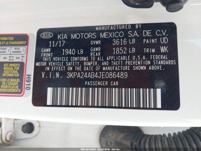 Aukcja sprzedaży 2018 Kia Rio S, vin: 3KPA24AB4JE086489, numer aukcji: 45141643