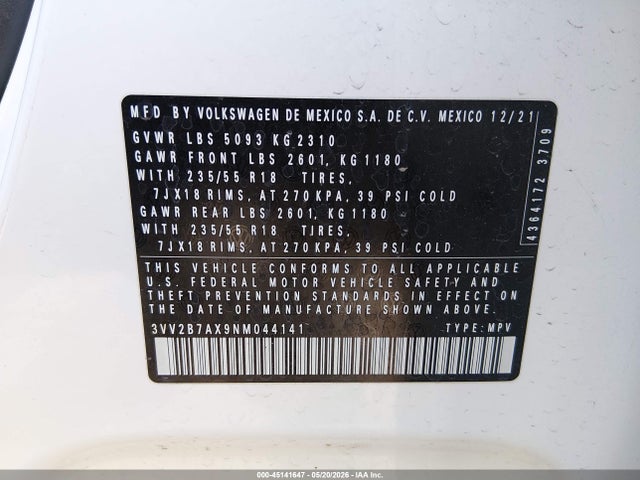 Продажа на аукционе авто 2022 Volkswagen Tiguan 2.0t Se, vin: 3VV2B7AX9NM044141, номер лота: 45141647