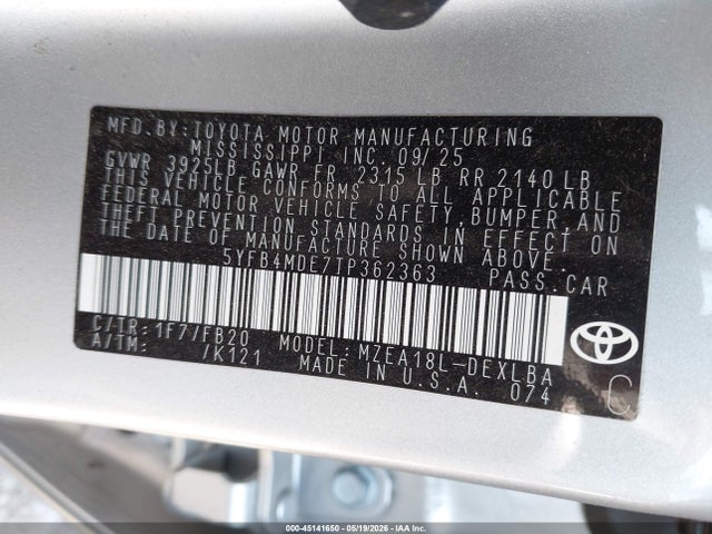 Auction sale of the 2026 Toyota Corolla Le, vin: 5YFB4MDE7TP362363, lot number: 45141650