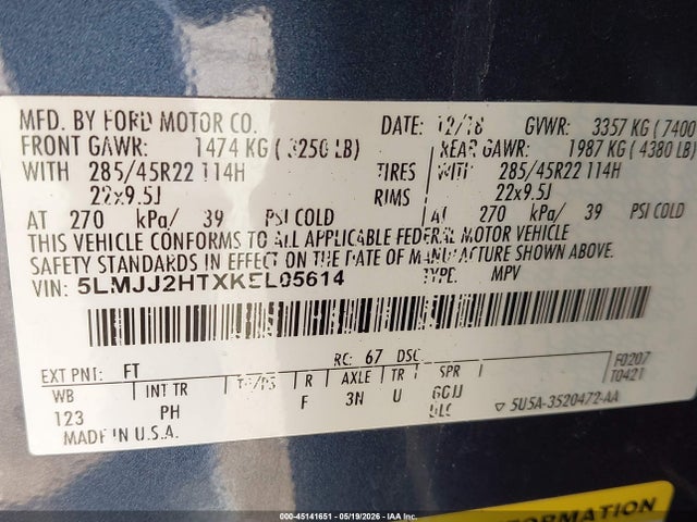 Продажа на аукционе авто 2019 Lincoln Navigator Select, vin: 5LMJJ2HTXKEL05614, номер лота: 45141651