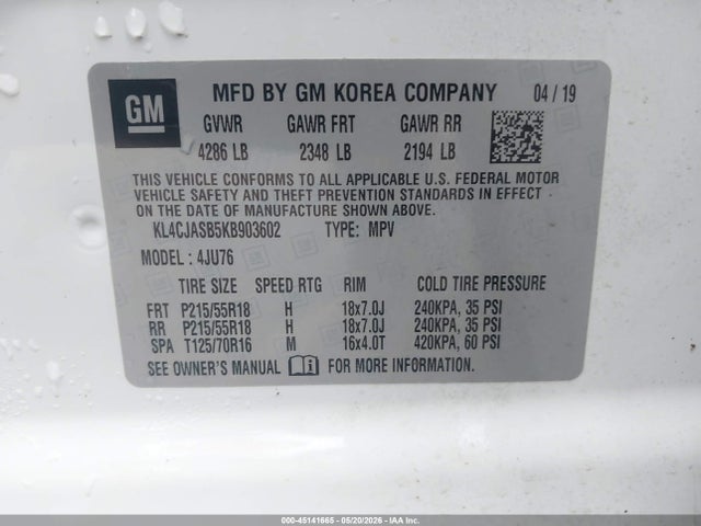 45141665 :رقم المزاد ، KL4CJASB5KB903602 vin ، 2019 Buick Encore Fwd Preferred مزاد بيع