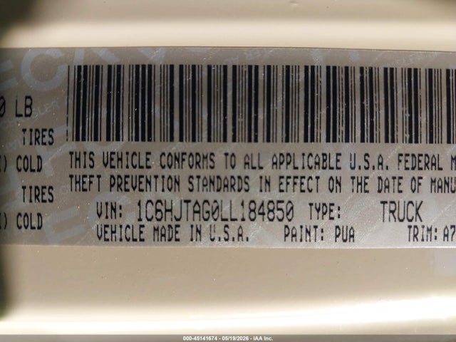 2020 Jeep Gladiator Sport 4x4 მანქანა იყიდება აუქციონზე, vin: 1C6HJTAG0LL184850, აუქციონის ნომერი: 45141674