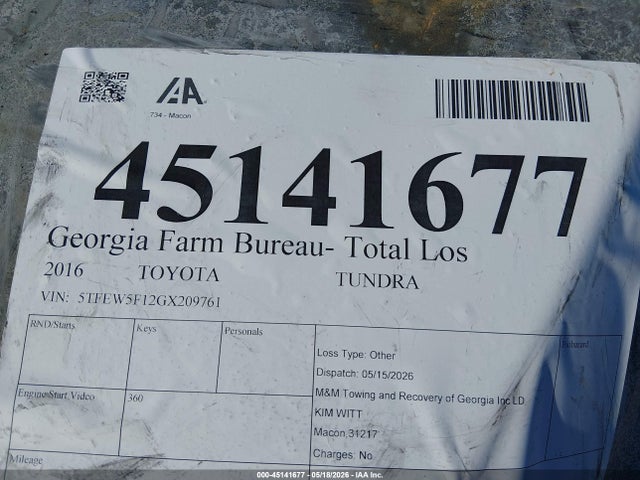 Продажа на аукционе авто 2016 Toyota Tundra Sr5 5.7l V8, vin: 5TFEW5F12GX209761, номер лота: 45141677
