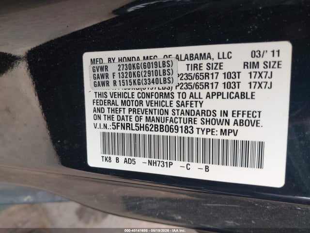 Aukcja sprzedaży 2011 Honda Odyssey Ex-l, vin: 5FNRL5H62BB069183, numer aukcji: 45141695