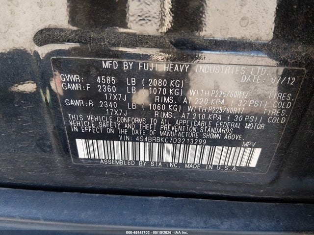 45141702 :رقم المزاد ، 4S4BRBKC7D3213299 vin ، 2013 Subaru Outback 2.5i Limited مزاد بيع
